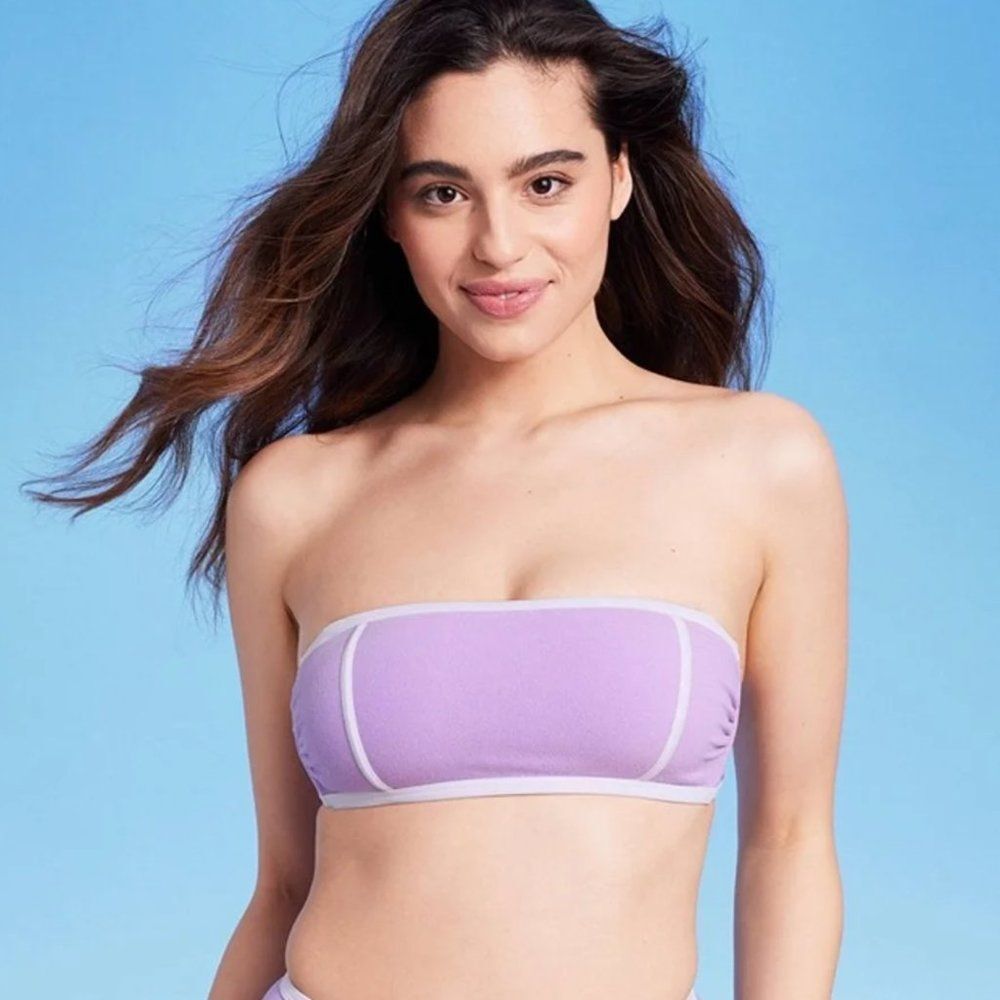 Kona Sol Terry Textured Solid Bandeau Bikini Top with Binding Amethyst Size D/DD